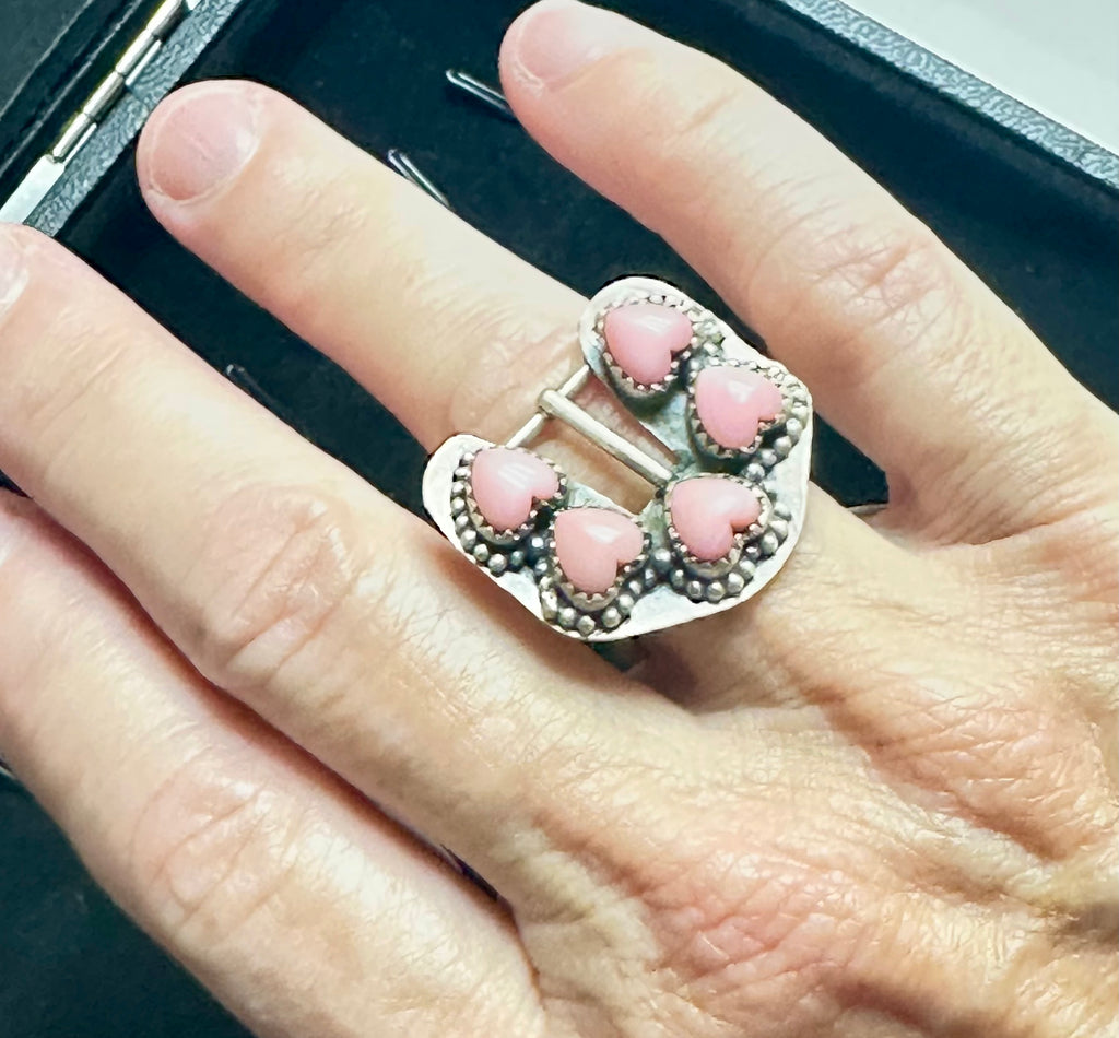 Sterling Silver Pink Conch Heart Buckle Ring