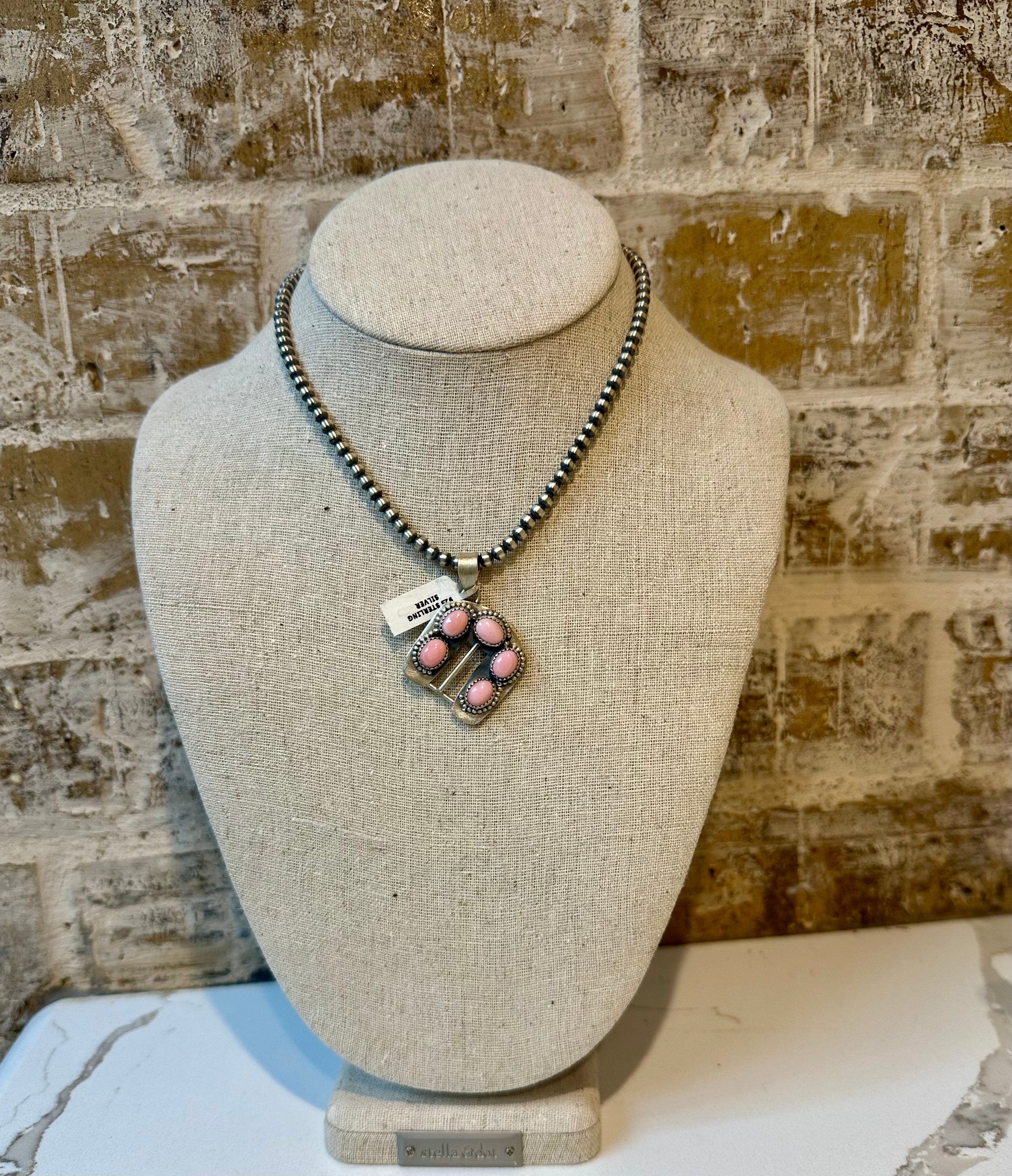 Sterling Silver 4MM 14" desert pearl necklace with pink conch buckle pendant