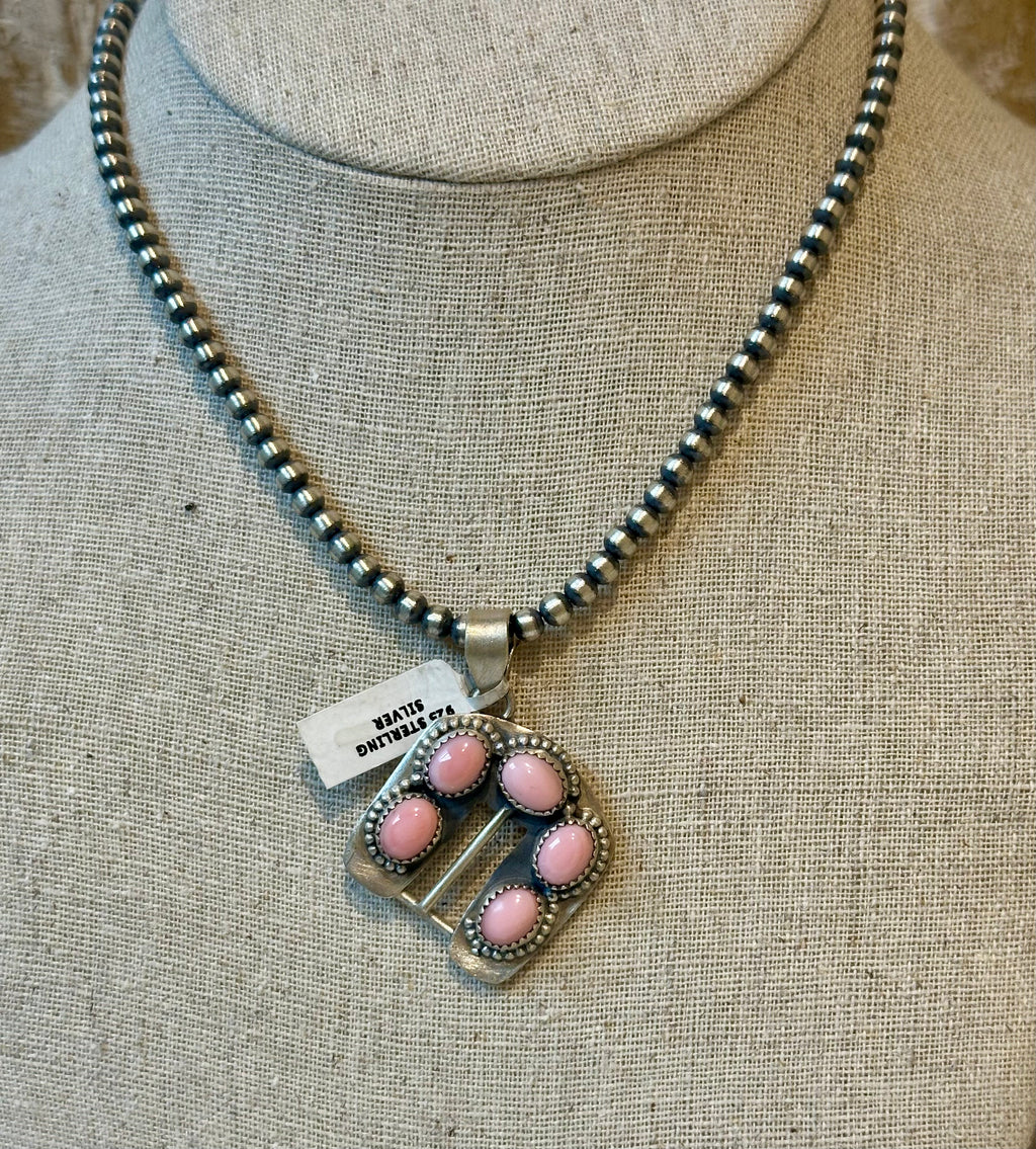 Sterling Silver 4MM 14" desert pearl necklace with pink conch buckle pendant