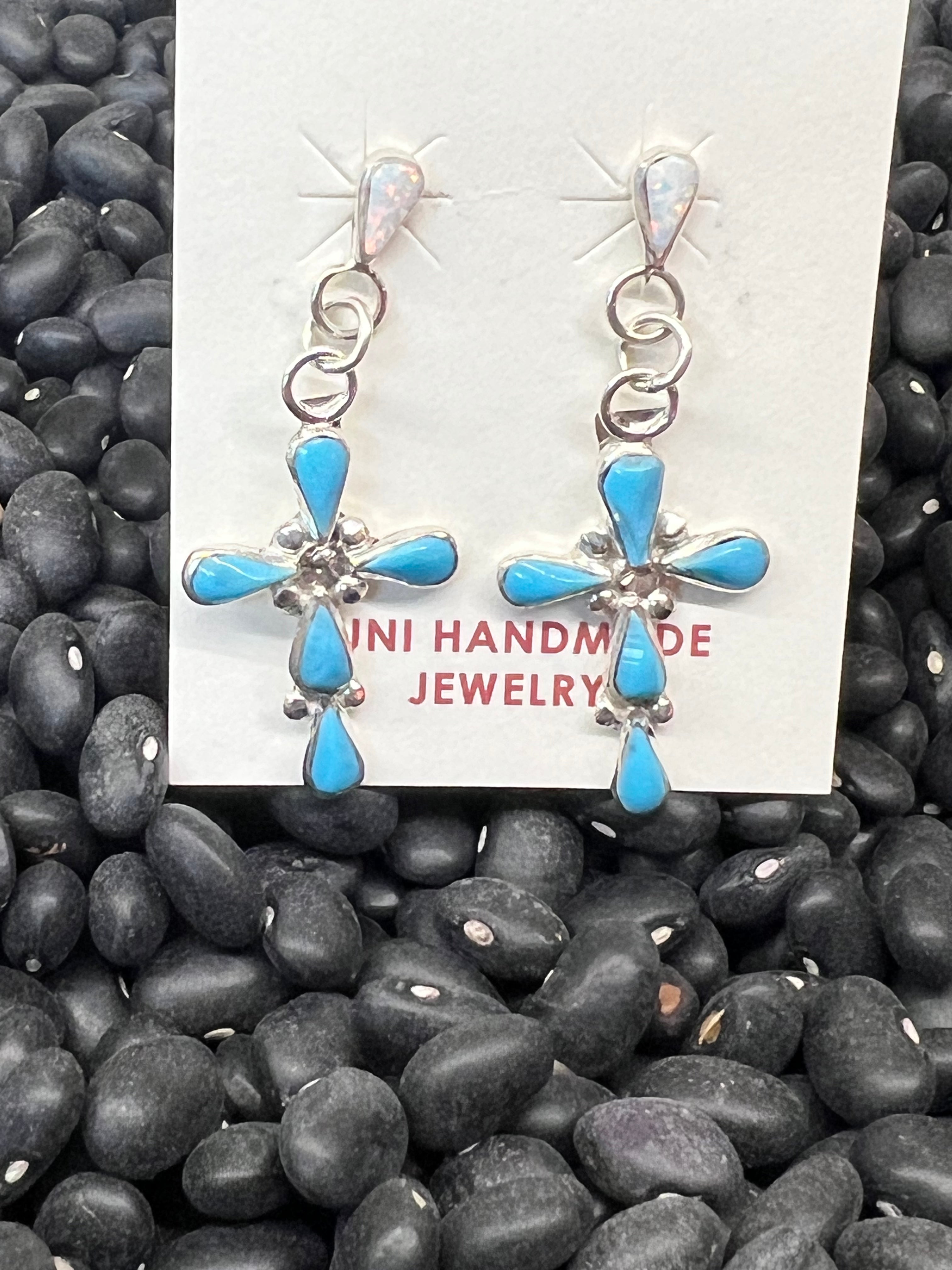 Zuni Sterling Silver Turquoise and Opal Cross earrings