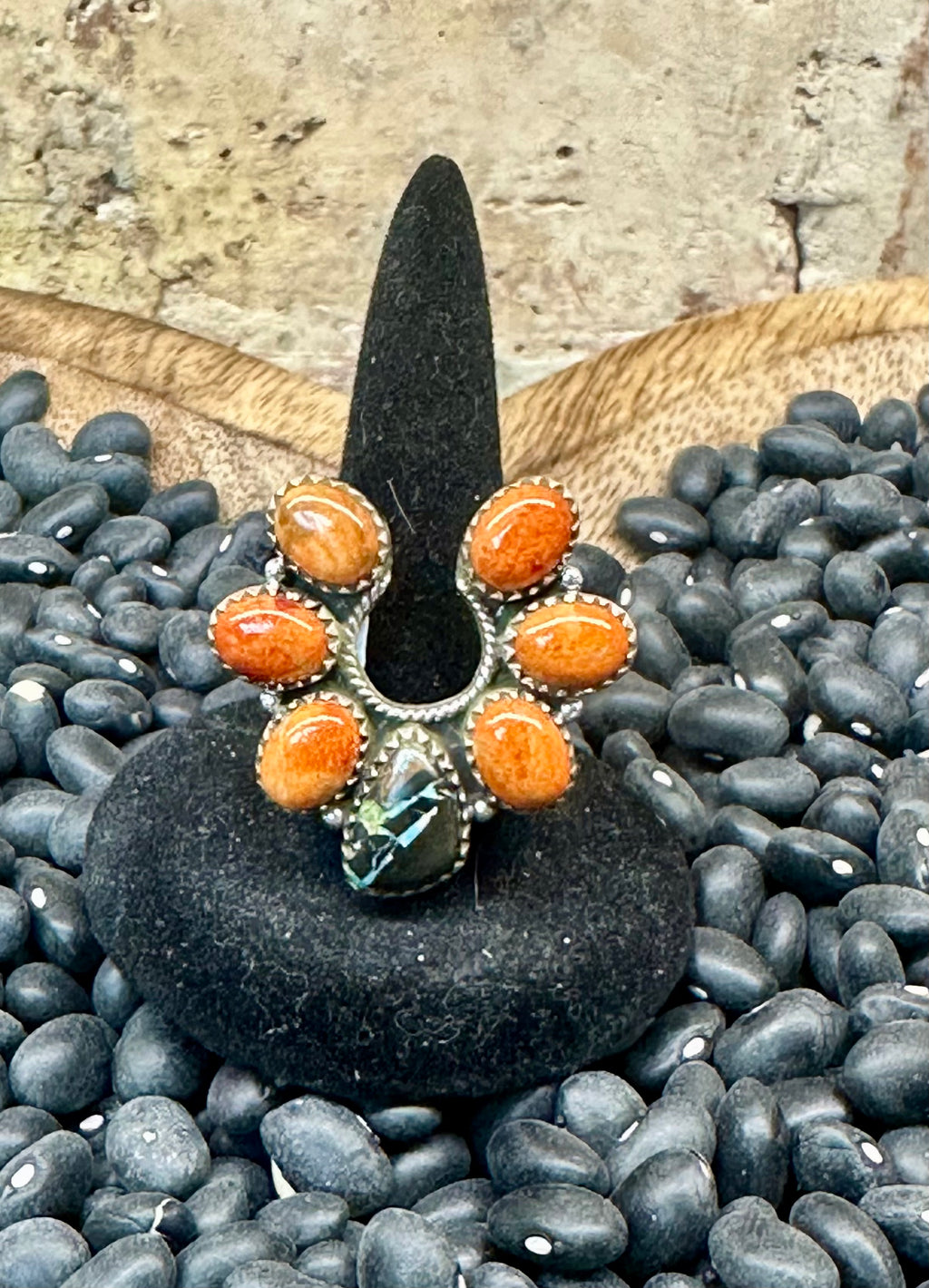 BlackJack and Orange Spiny Sterling Silver Ring